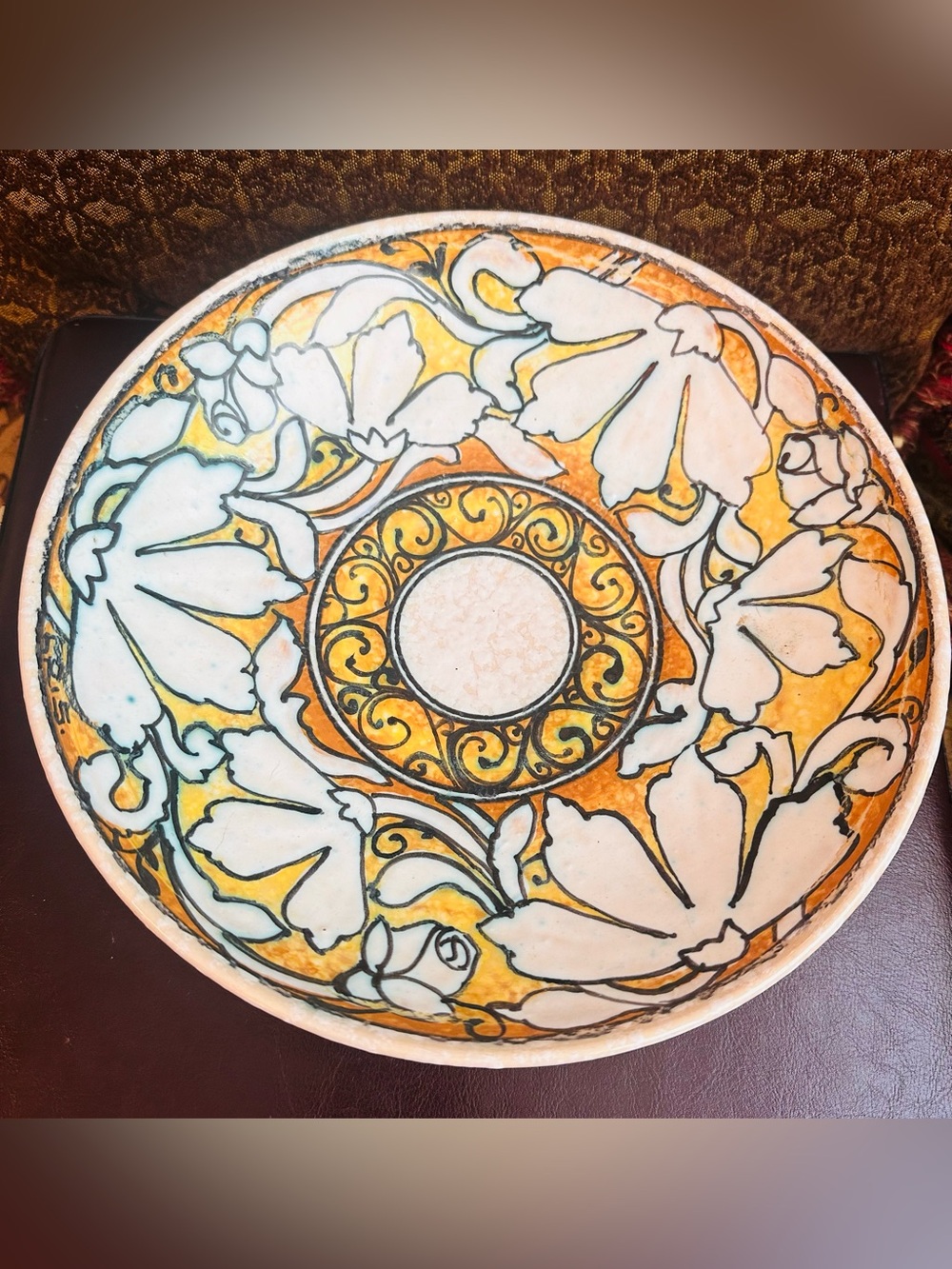 Hand-Painted Floral Ceramic Bowl in White and Yellow Art Wall Decor Signed
